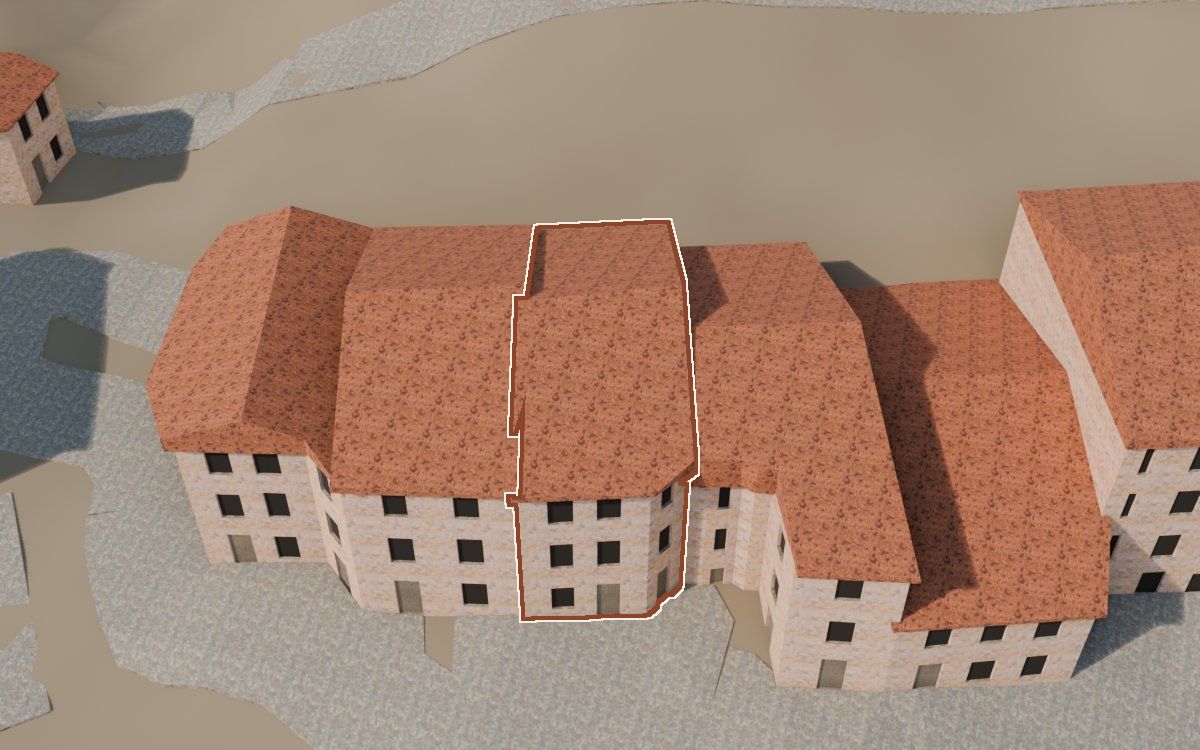 Manzana 61, n.º 3 a la reconstrucció 3D, vista des del costat on millor es veu, amb el contorn marcat de color teula entre les cases del voltant