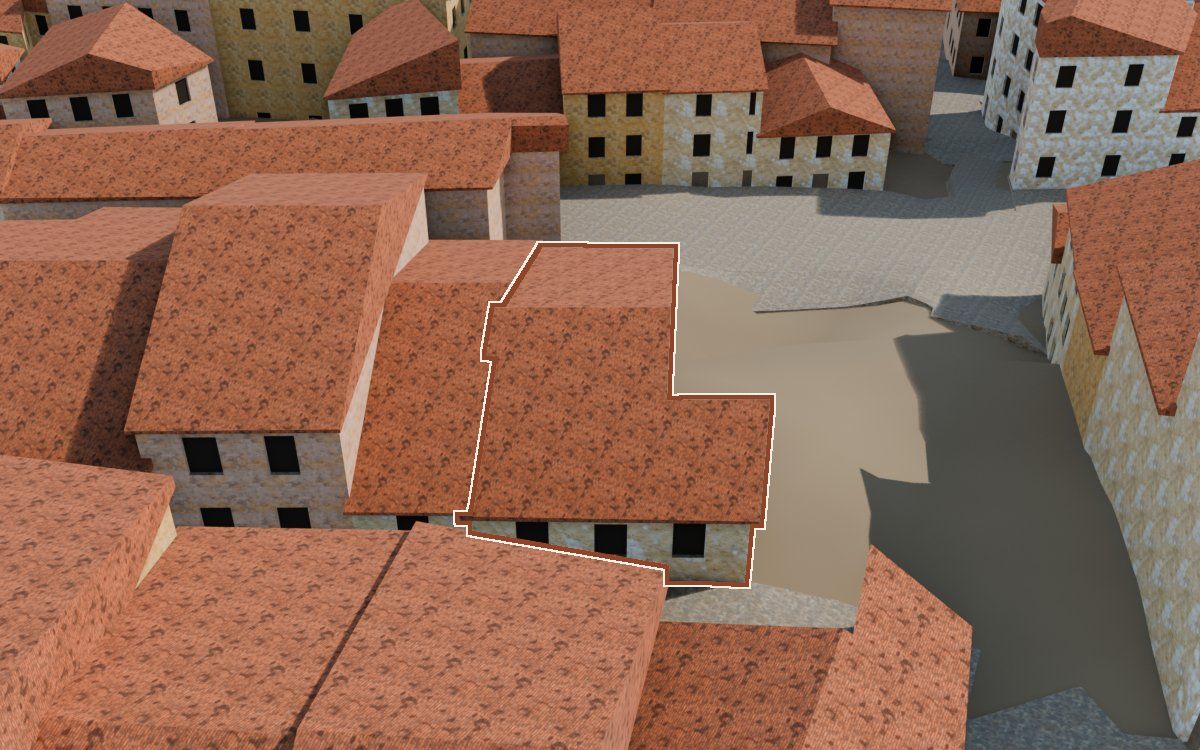 Casa del Carrer Nou a la reconstrucció 3D, vista des del seu carrer, amb el contorn marcat de color teula entre les cases del voltant
