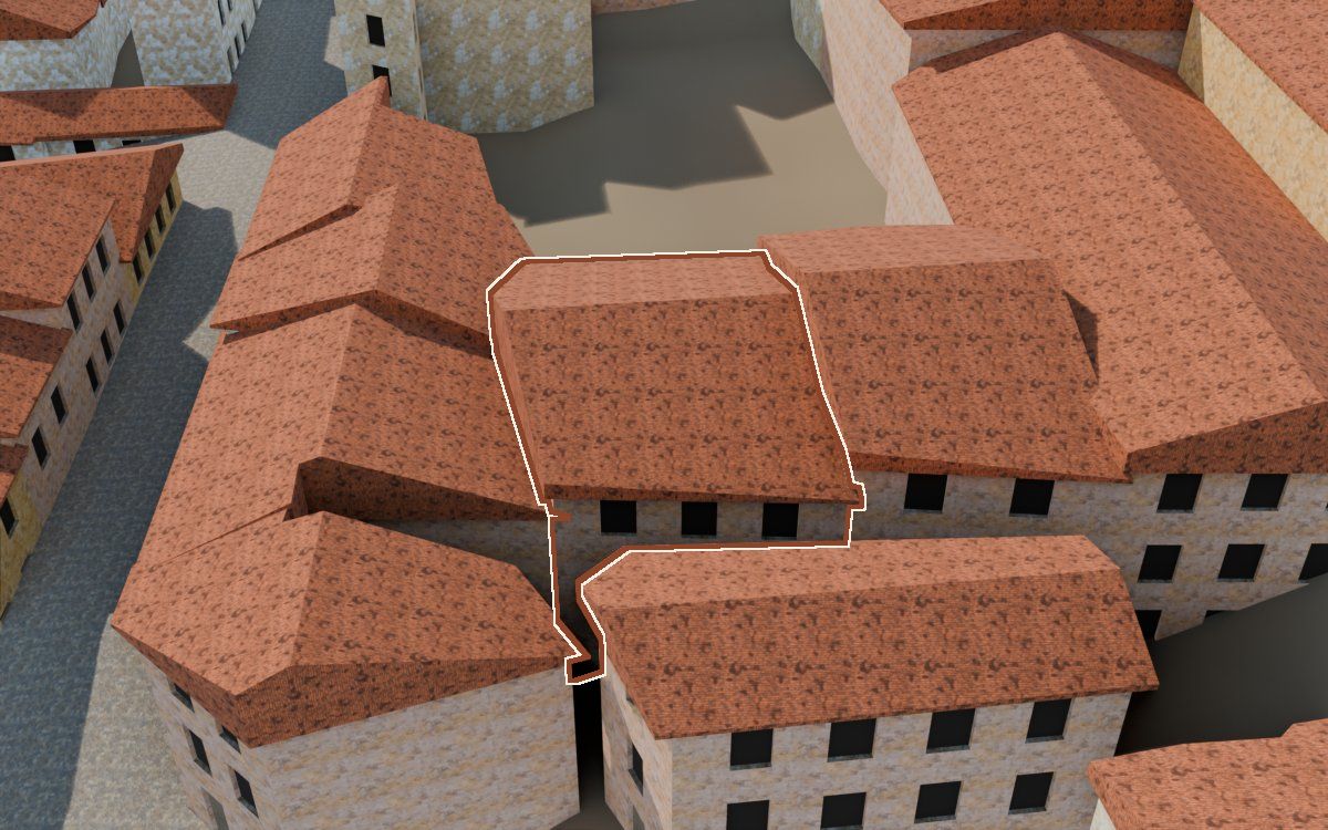Casa del Carrer la Morera a la reconstrucció 3D, vista des del seu carrer, amb el contorn marcat de color teula entre les cases del voltant