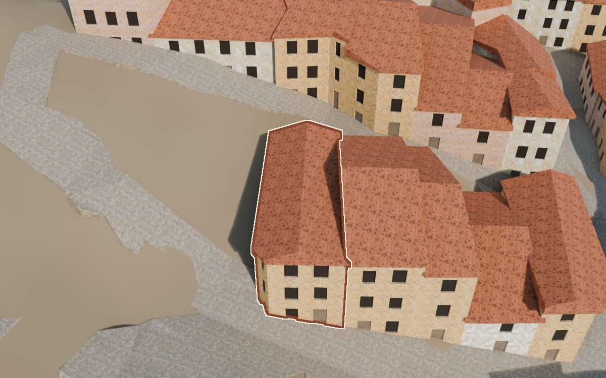 Manzana 42, n.º 1 a la reconstrucció 3D, vista des del costat on millor es veu, amb el contorn marcat de color teula entre les cases del voltant