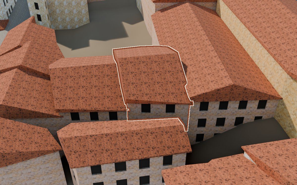 Manzana 26, n.º 5 a la reconstrucció 3D, vista des del seu carrer, amb el contorn marcat de color teula entre les cases del voltant