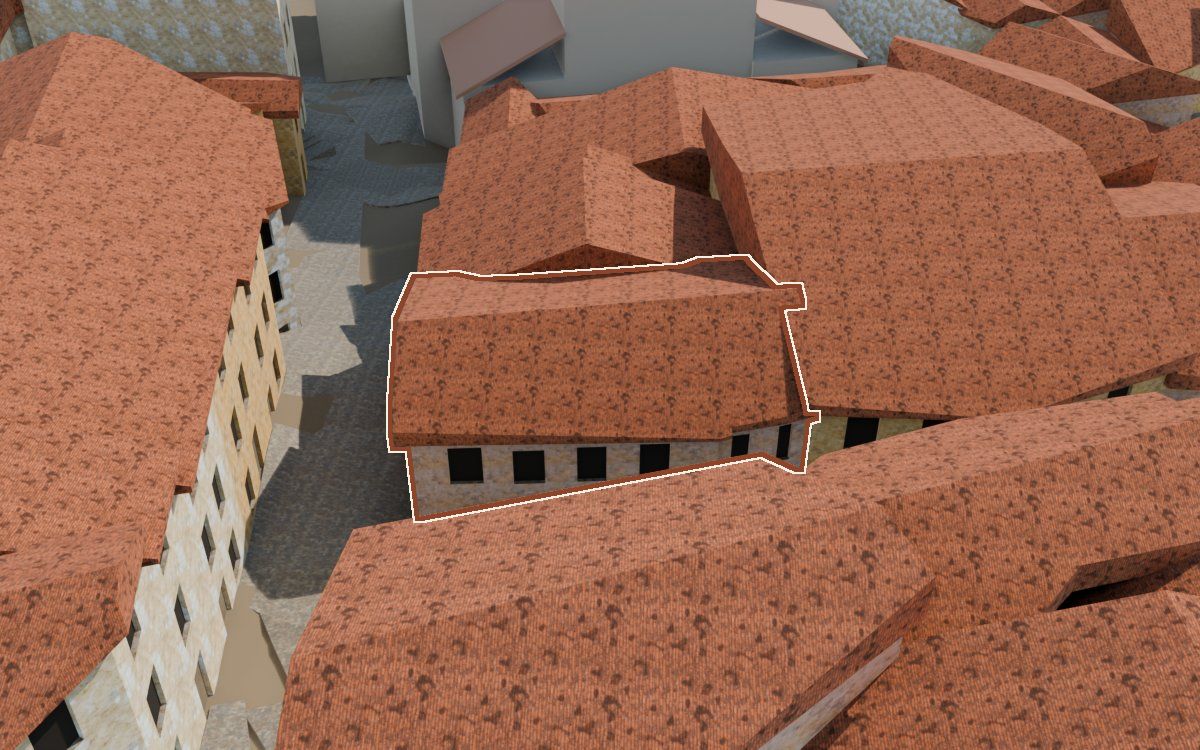 Manzana 31, n.º 15 y 17 a la reconstrucció 3D, vista des del seu carrer, amb el contorn marcat de color teula entre les cases del voltant