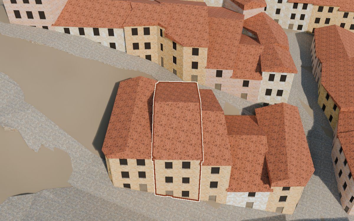 Manzana 42, n.º 2 a la reconstrucció 3D, vista des del costat on millor es veu, amb el contorn marcat de color teula entre les cases del voltant