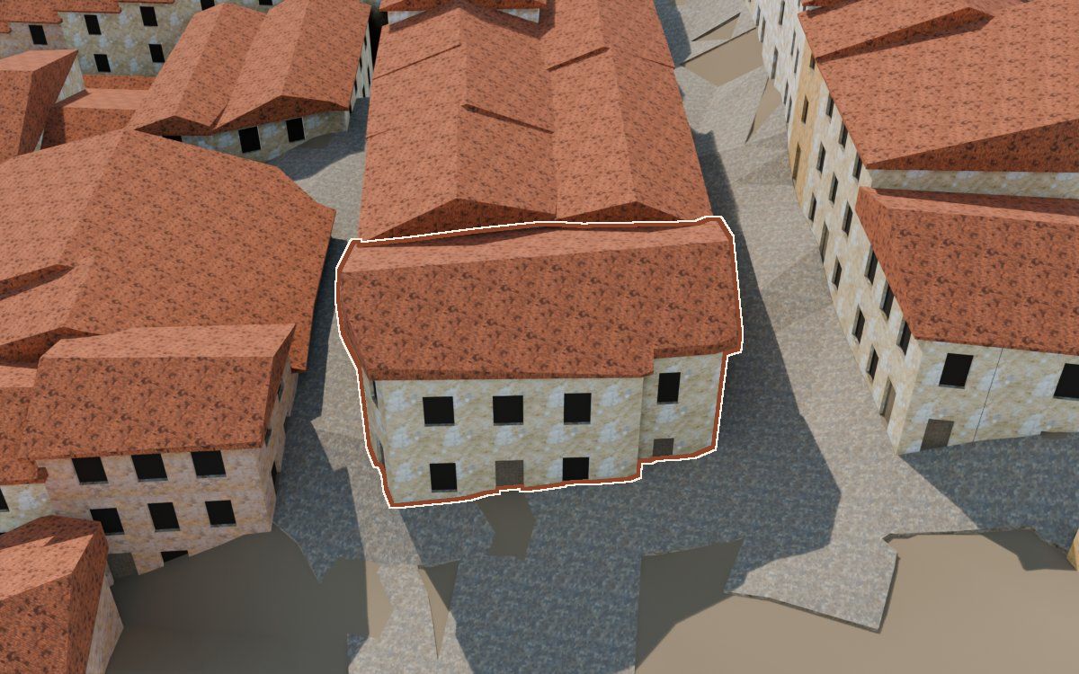 Manzana 40, n.º 6 y 8 a la reconstrucció 3D, vista des del seu carrer, amb el contorn marcat de color teula entre les cases del voltant