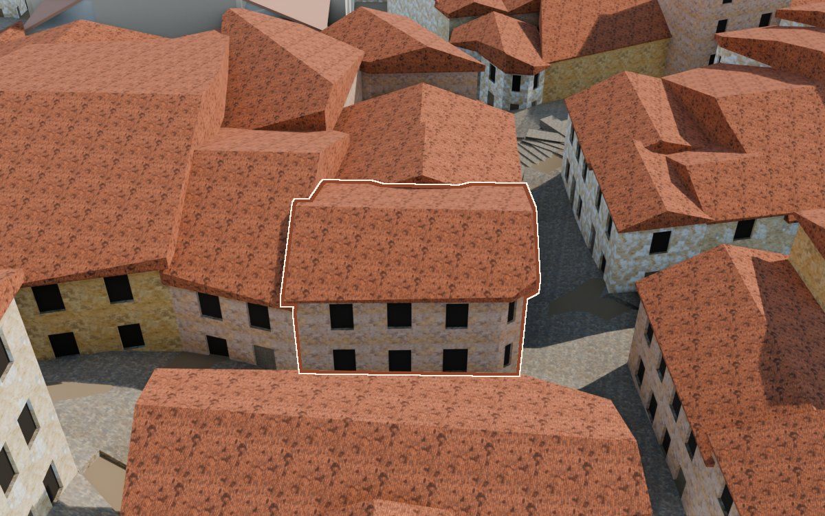 Manzana 31, parcela sin número leído a la reconstrucció 3D, vista des del seu carrer, amb el contorn marcat de color teula entre les cases del voltant