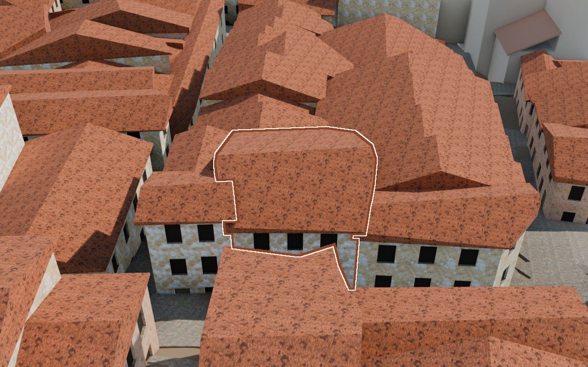 Manzana 32, n.º 15 a la reconstrucció 3D, vista des del seu carrer, amb el contorn marcat de color teula entre les cases del voltant