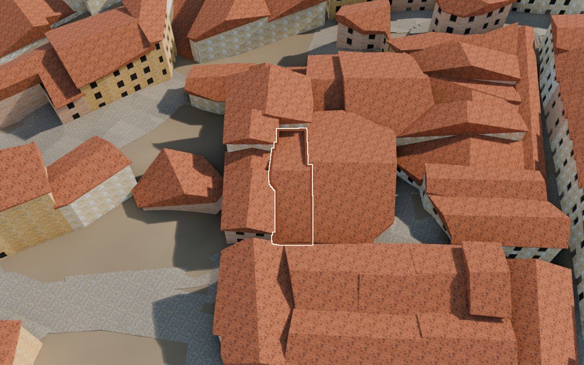 Manzana 33, n.º 9 a la reconstrucció 3D, vista des del costat on millor es veu, amb el contorn marcat de color teula entre les cases del voltant