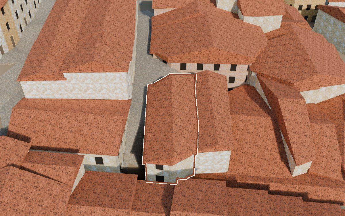 Manzana 33, n.º 18 y 27 a la reconstrucció 3D, vista des del costat on millor es veu, amb el contorn marcat de color teula entre les cases del voltant