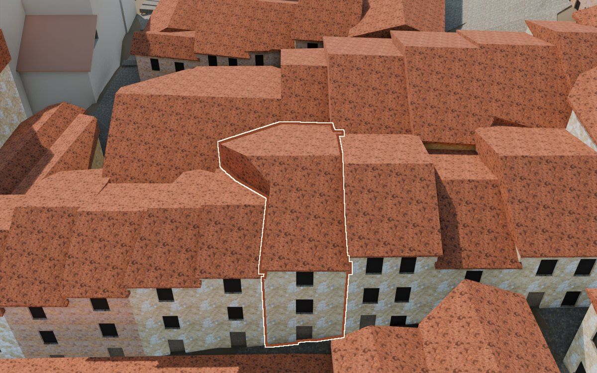 Manzana 32, n.º 22 a la reconstrucció 3D, vista des del costat on millor es veu, amb el contorn marcat de color teula entre les cases del voltant