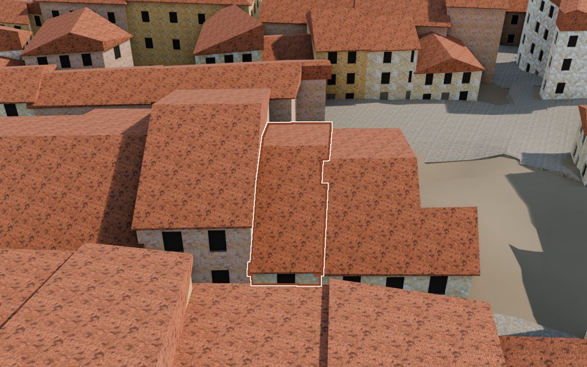 Casa del Carrer Nou a la reconstrucció 3D, vista des del seu carrer, amb el contorn marcat de color teula entre les cases del voltant