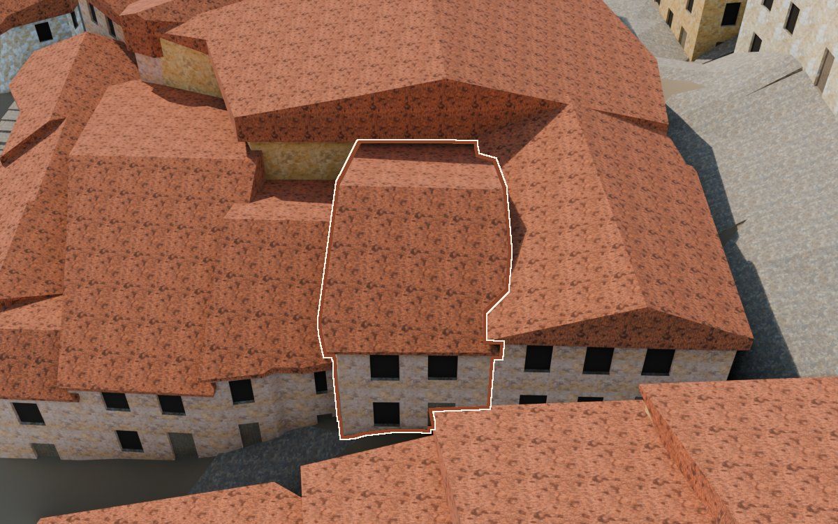 Manzana 31, n.º 18 a la reconstrucció 3D, vista des del costat on millor es veu, amb el contorn marcat de color teula entre les cases del voltant