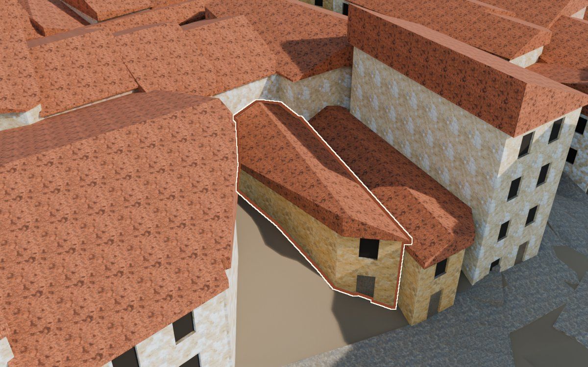 Manzana 32, n.º 4 a la reconstrucció 3D, vista des del seu carrer, amb el contorn marcat de color teula entre les cases del voltant