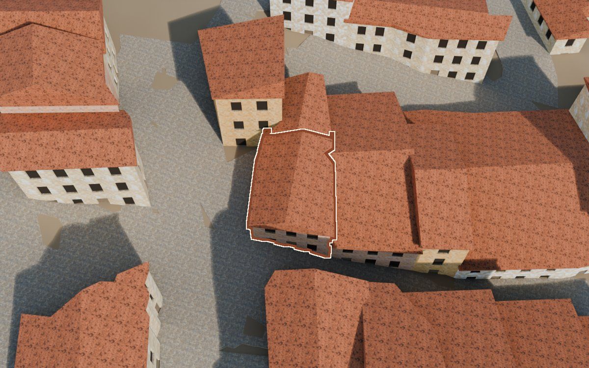 Manzana 29, n.º 4 a la reconstrucció 3D, vista des del costat on millor es veu, amb el contorn marcat de color teula entre les cases del voltant