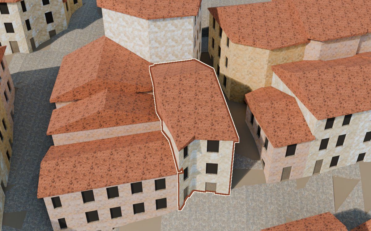 Manzana 53, n.º 9 y 8 a la reconstrucció 3D, vista des del seu carrer, amb el contorn marcat de color teula entre les cases del voltant