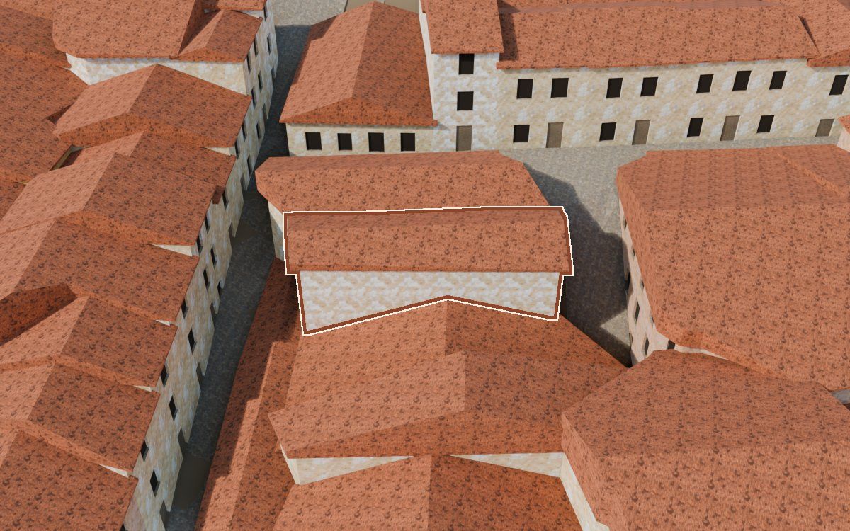 Manzana 33, n.º 14 a la reconstrucció 3D, vista des del seu carrer, amb el contorn marcat de color teula entre les cases del voltant