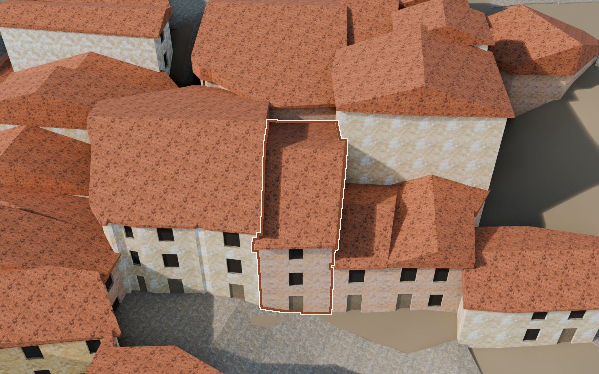 Manzana 33, n.º 24 a la reconstrucció 3D, vista des del costat on millor es veu, amb el contorn marcat de color teula entre les cases del voltant