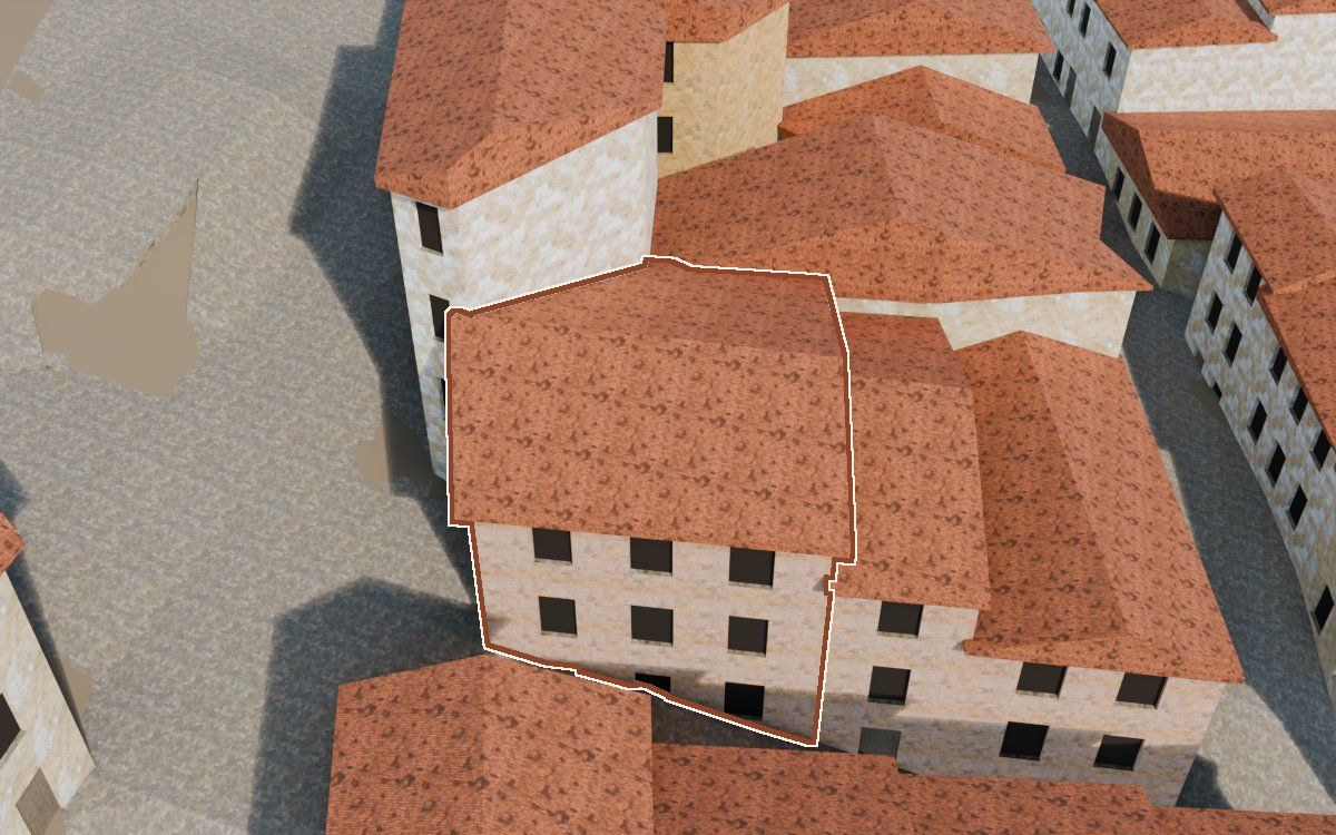 Manzana 53, n.º 13 a la reconstrucció 3D, vista des del costat on millor es veu, amb el contorn marcat de color teula entre les cases del voltant