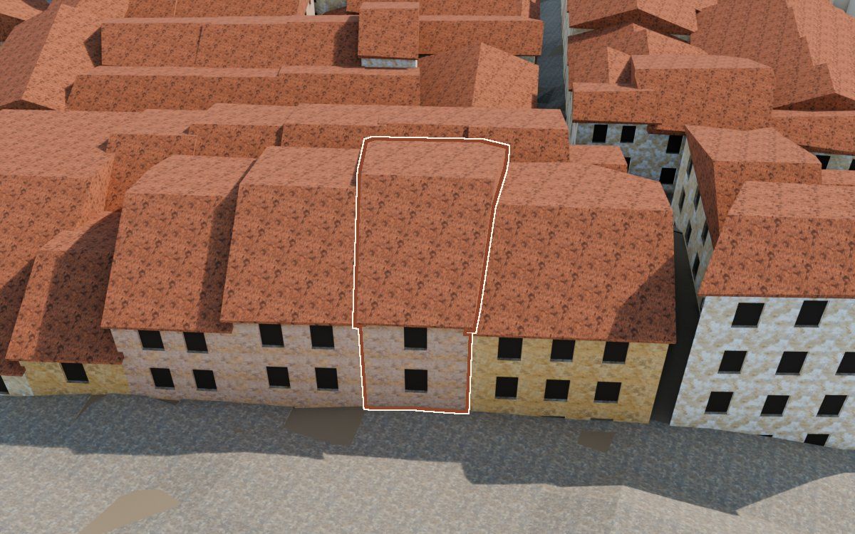 Manzana 53, n.º 17 a la reconstrucció 3D, vista des del costat on millor es veu, amb el contorn marcat de color teula entre les cases del voltant