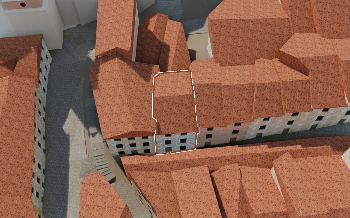 Manzana 32, n.º 27 a la reconstrucció 3D, vista des del costat on millor es veu, amb el contorn marcat de color teula entre les cases del voltant