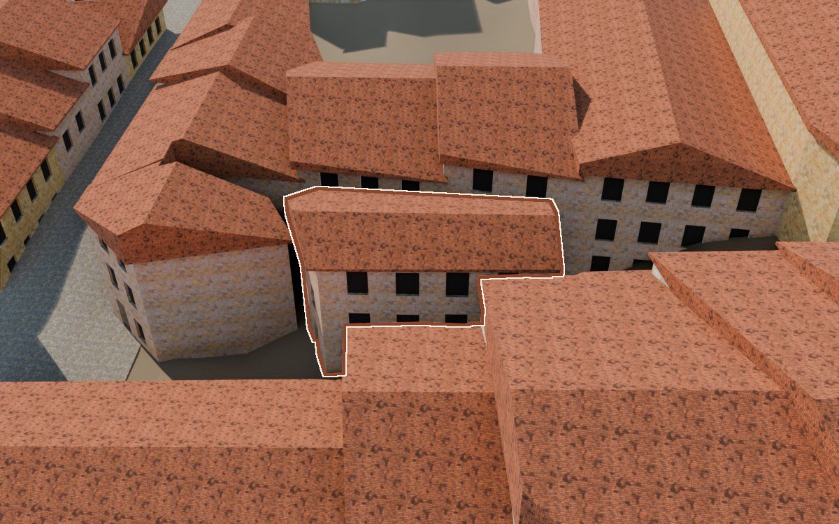 Casa del Carrer la Morera a la reconstrucció 3D, vista des del seu carrer, amb el contorn marcat de color teula entre les cases del voltant