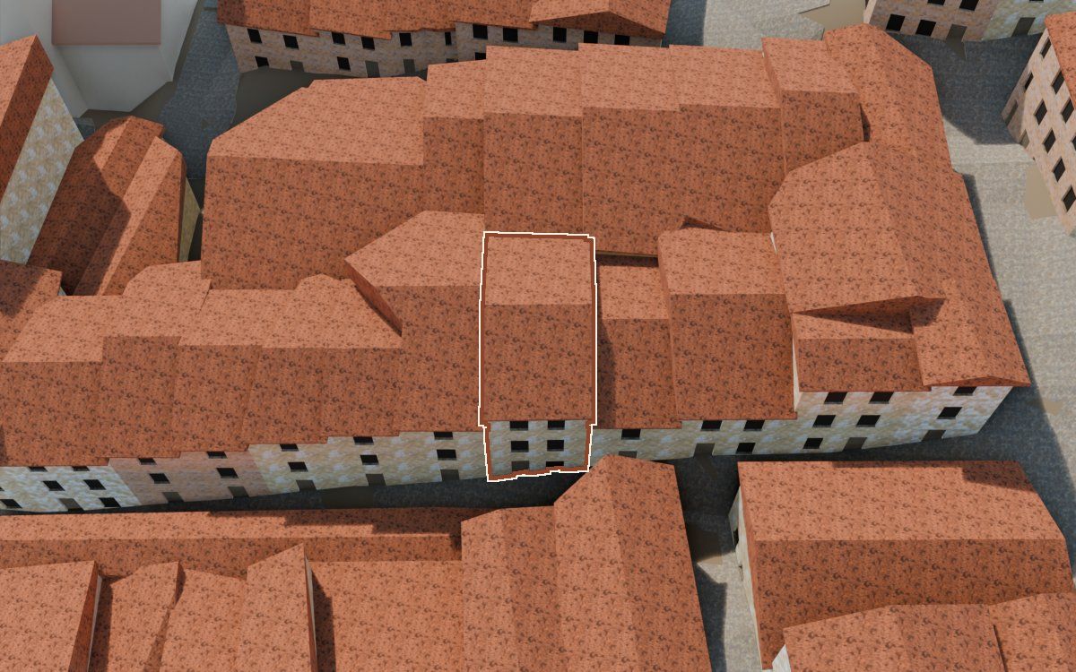 Manzana 32, n.º 21 a la reconstrucció 3D, vista des del costat on millor es veu, amb el contorn marcat de color teula entre les cases del voltant