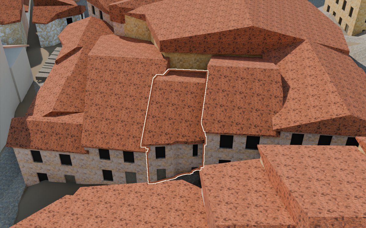 Manzana 31, n.º 19 a la reconstrucció 3D, vista des del seu carrer, amb el contorn marcat de color teula entre les cases del voltant