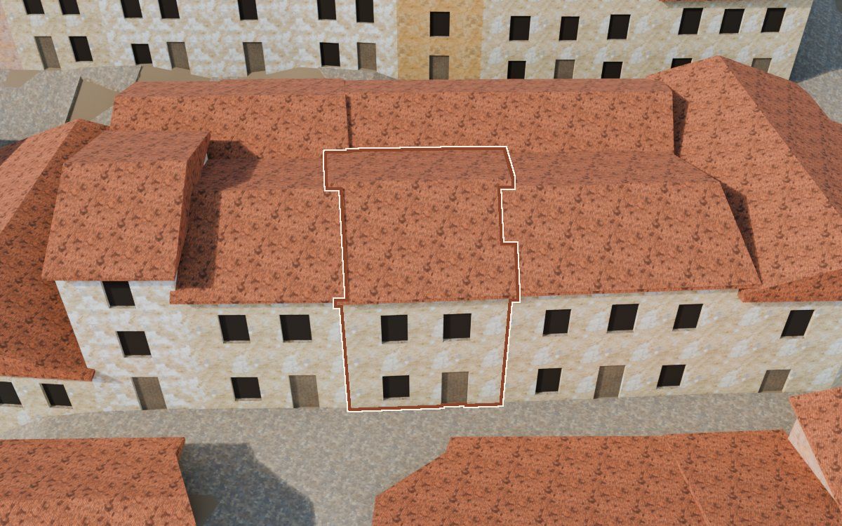 Manzana 40, n.º 11 a la reconstrucció 3D, vista des del costat on millor es veu, amb el contorn marcat de color teula entre les cases del voltant