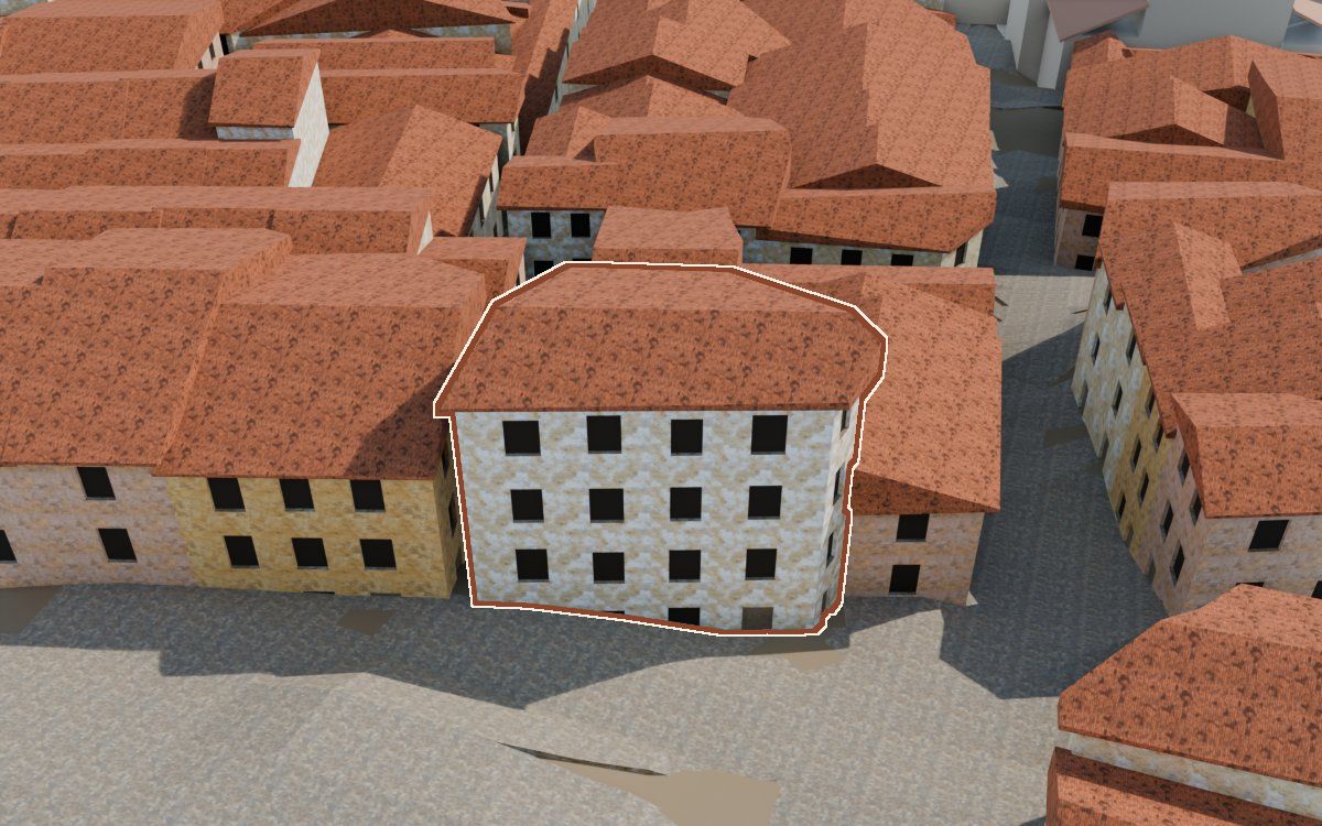Manzana 53, n.º 15 a la reconstrucció 3D, vista des del seu carrer, amb el contorn marcat de color teula entre les cases del voltant