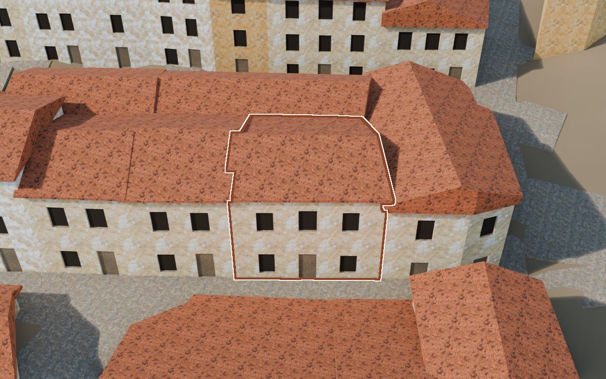 Manzana 40, n.º 10 a la reconstrucció 3D, vista des del seu carrer, amb el contorn marcat de color teula entre les cases del voltant