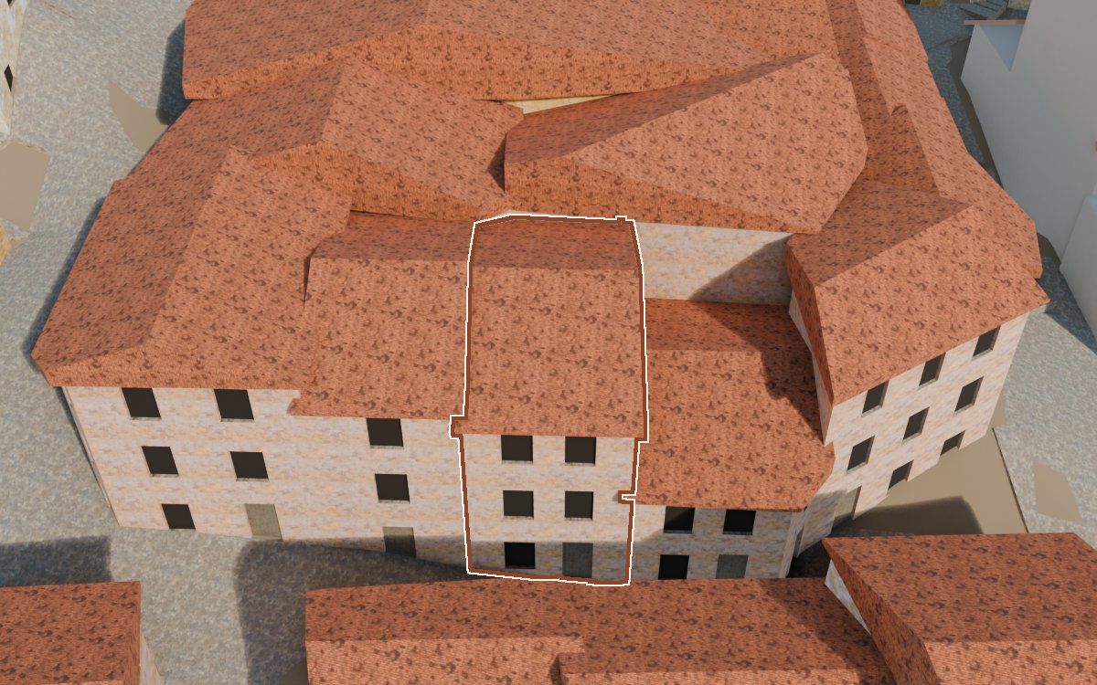 Manzana 31, n.º 10 a la reconstrucció 3D, vista des del costat on millor es veu, amb el contorn marcat de color teula entre les cases del voltant
