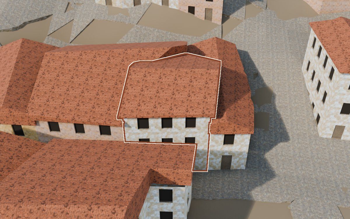 Manzana 45, n.º 3 a la reconstrucció 3D, vista des del seu carrer, amb el contorn marcat de color teula entre les cases del voltant