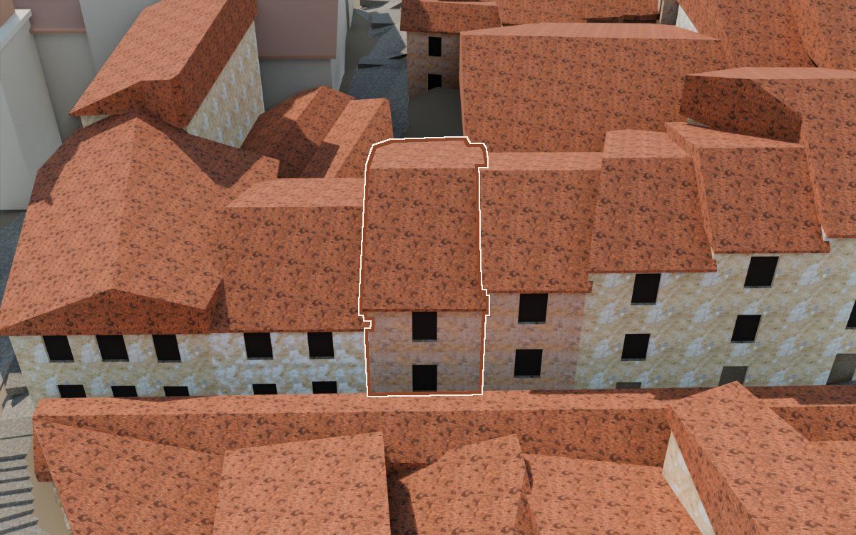 Manzana 32, n.º 26 a la reconstrucció 3D, vista des del seu carrer, amb el contorn marcat de color teula entre les cases del voltant