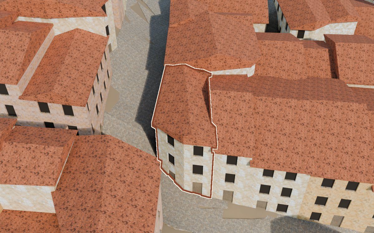 Manzana 32, n.º 14 a la reconstrucció 3D, vista des del costat on millor es veu, amb el contorn marcat de color teula entre les cases del voltant