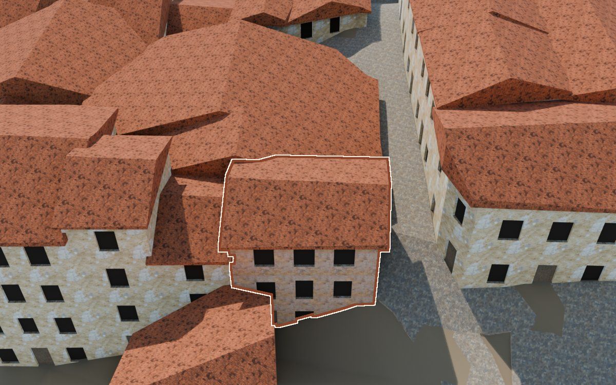 Manzana 33, n.º 8 a la reconstrucció 3D, vista des del costat on millor es veu, amb el contorn marcat de color teula entre les cases del voltant