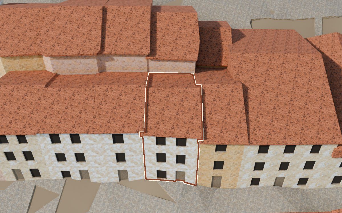 Casa del Carrer la Parra a la reconstrucció 3D, vista des del costat on millor es veu, amb el contorn marcat de color teula entre les cases del voltant