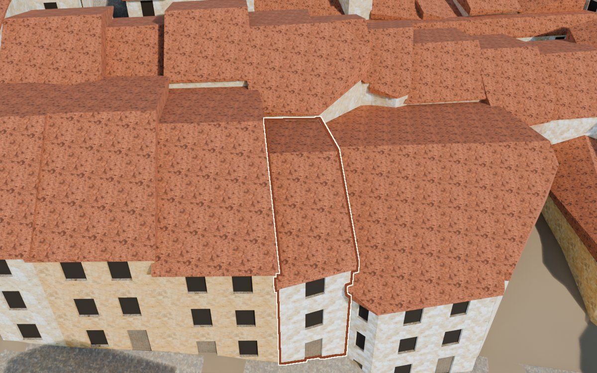 Manzana 32, n.º 9 a la reconstrucció 3D, vista des del costat on millor es veu, amb el contorn marcat de color teula entre les cases del voltant