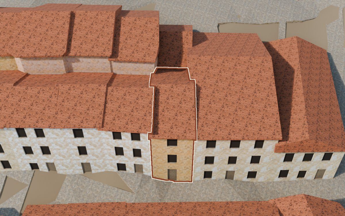 Manzana 53, n.º 2 a la reconstrucció 3D, vista des del costat on millor es veu, amb el contorn marcat de color teula entre les cases del voltant