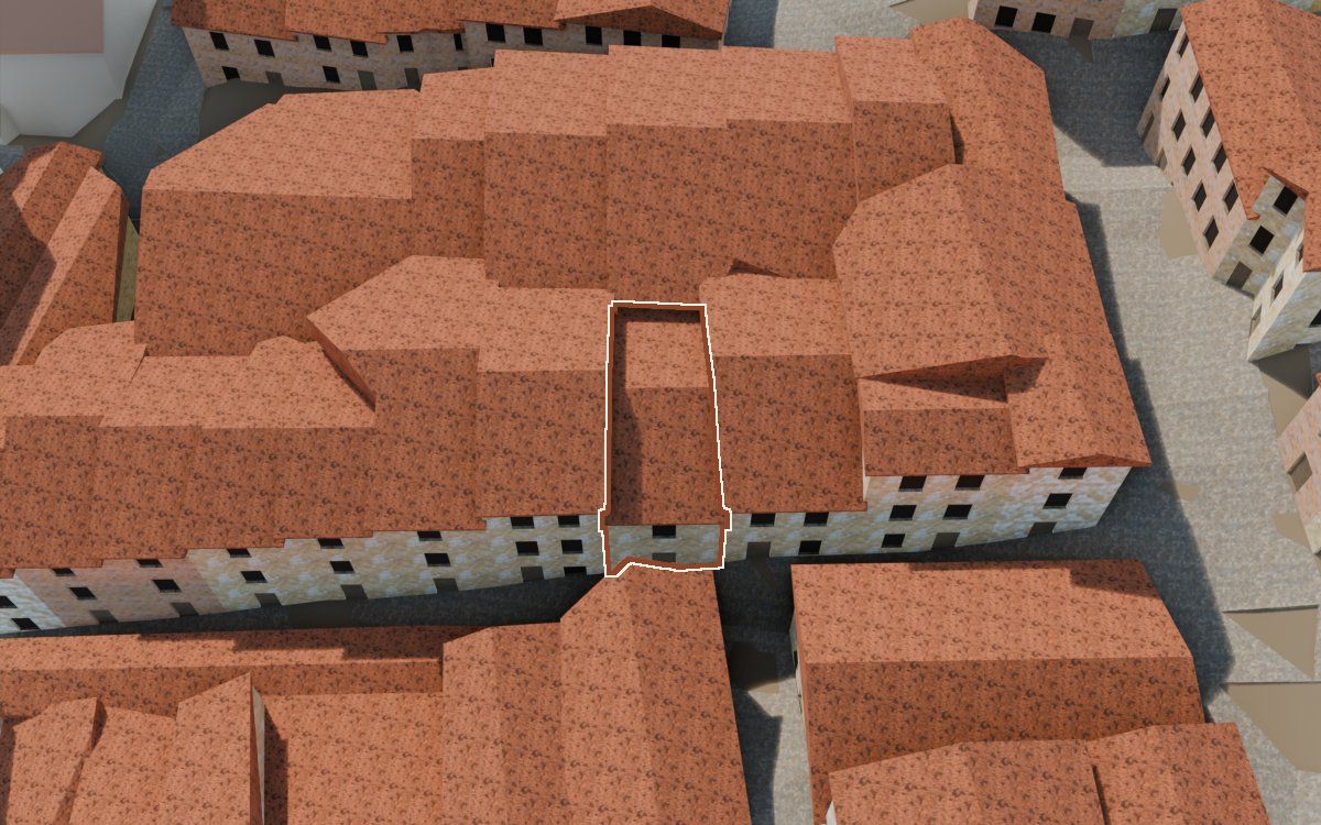Manzana 32, n.º 20 a la reconstrucció 3D, vista des del costat on millor es veu, amb el contorn marcat de color teula entre les cases del voltant