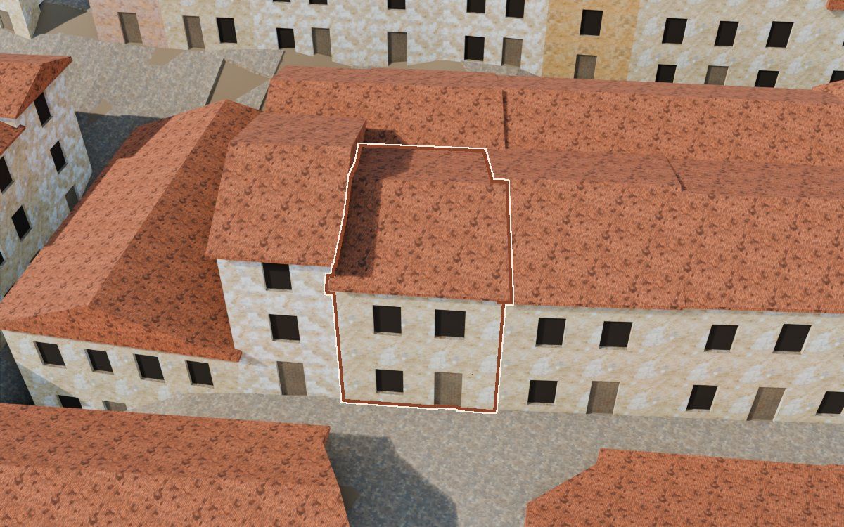 Manzana 40, n.º 14 a la reconstrucció 3D, vista des del costat on millor es veu, amb el contorn marcat de color teula entre les cases del voltant