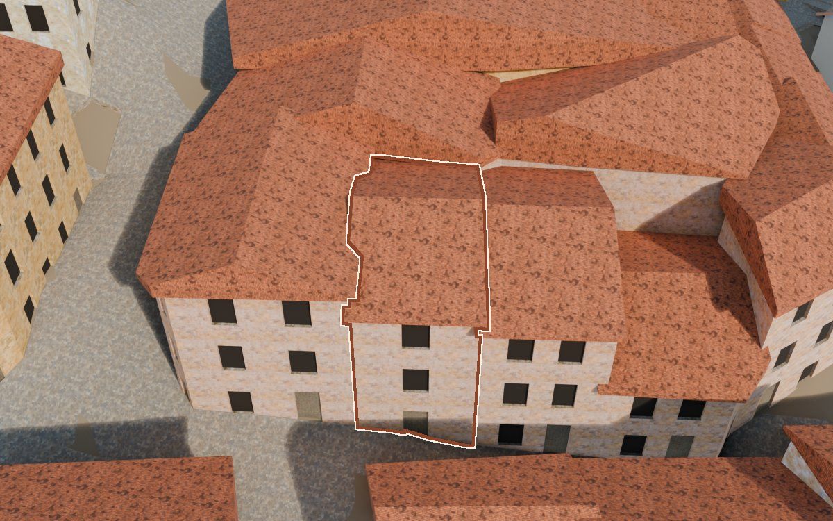 Manzana 31, n.º 11 a la reconstrucció 3D, vista des del costat on millor es veu, amb el contorn marcat de color teula entre les cases del voltant