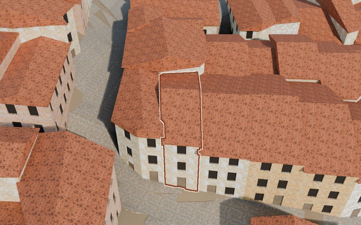 Manzana 32, n.º 13 a la reconstrucció 3D, vista des del costat on millor es veu, amb el contorn marcat de color teula entre les cases del voltant