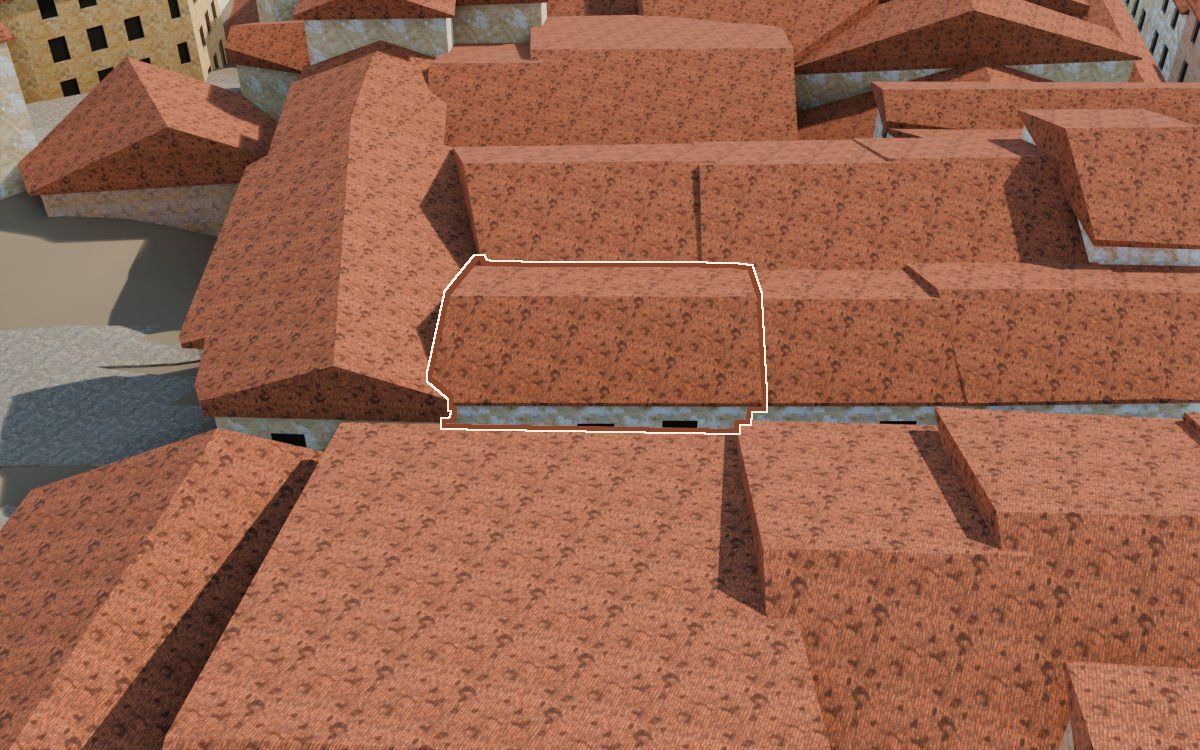 Manzana 40, n.º 4 a la reconstrucció 3D, vista des del seu carrer, amb el contorn marcat de color teula entre les cases del voltant