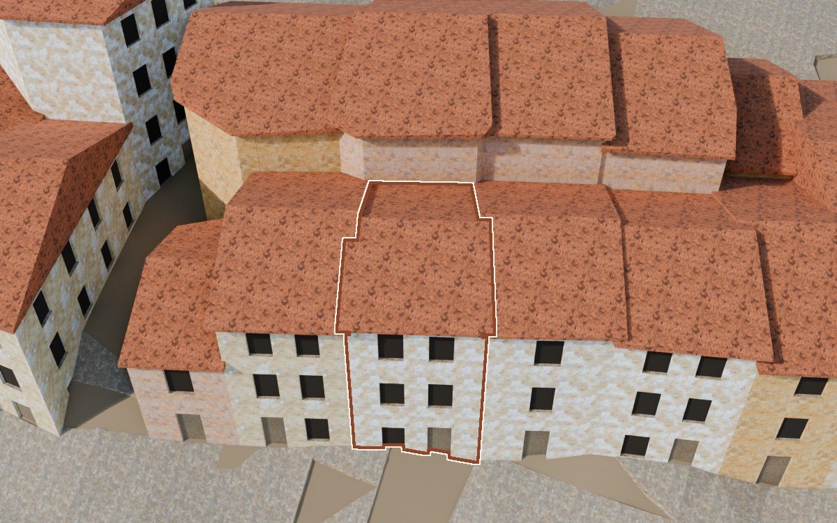 Manzana 53, n.º 5 a la reconstrucció 3D, vista des del costat on millor es veu, amb el contorn marcat de color teula entre les cases del voltant