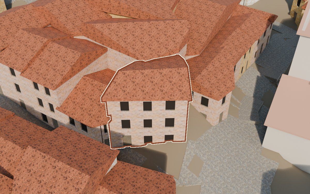 Manzana 31, n.º 8 a la reconstrucció 3D, vista des del seu carrer, amb el contorn marcat de color teula entre les cases del voltant