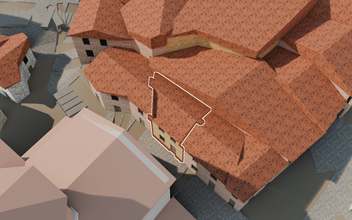 Manzana 31, n.º 2 a la reconstrucció 3D, vista des del costat on millor es veu, amb el contorn marcat de color teula entre les cases del voltant