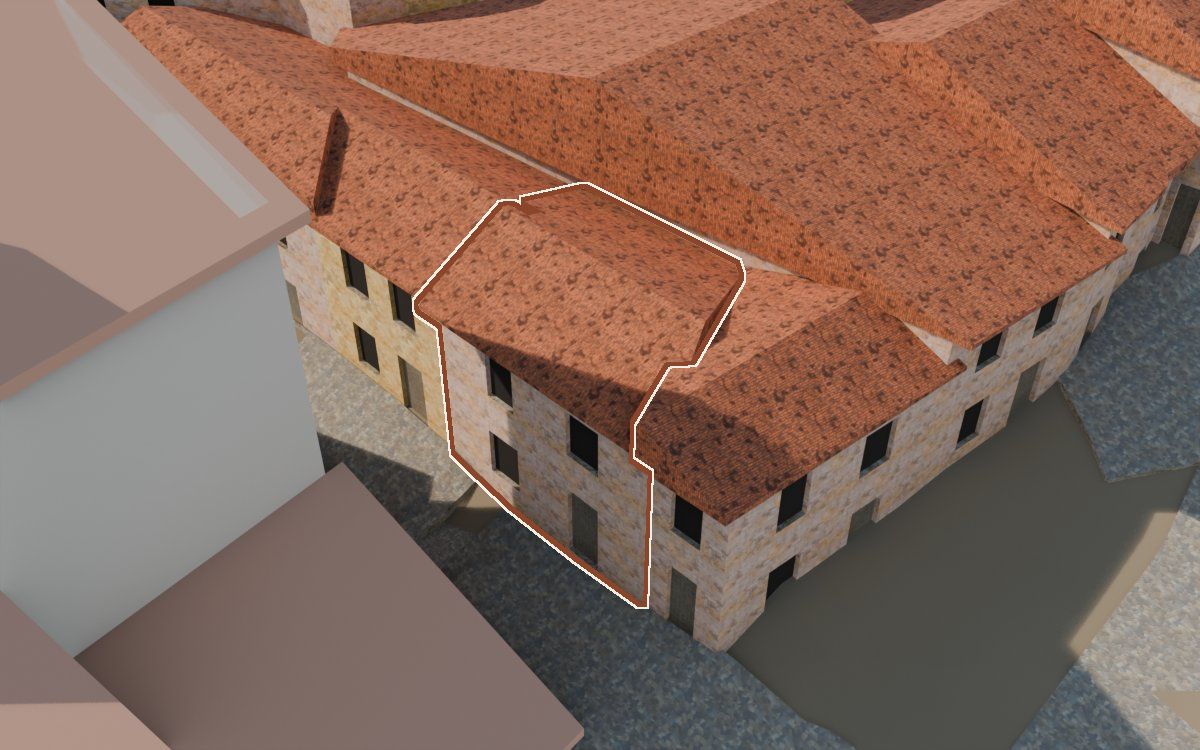 Manzana 31, n.º 3 a la reconstrucció 3D, vista des del costat on millor es veu, amb el contorn marcat de color teula entre les cases del voltant