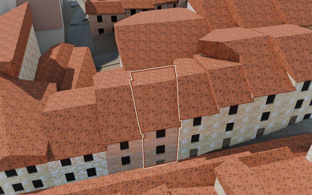 Manzana 32, n.º 25 a la reconstrucció 3D, vista des del costat on millor es veu, amb el contorn marcat de color teula entre les cases del voltant