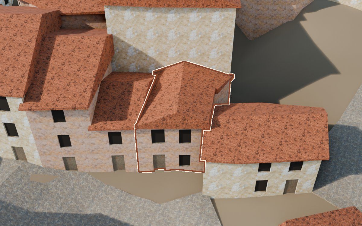 Manzana 33, n.º 26 y 5 a la reconstrucció 3D, vista des del seu carrer, amb el contorn marcat de color teula entre les cases del voltant