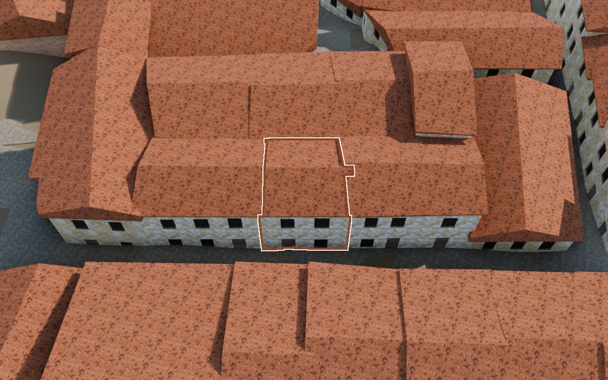 Manzana 40, n.º 3 a la reconstrucció 3D, vista des del costat on millor es veu, amb el contorn marcat de color teula entre les cases del voltant