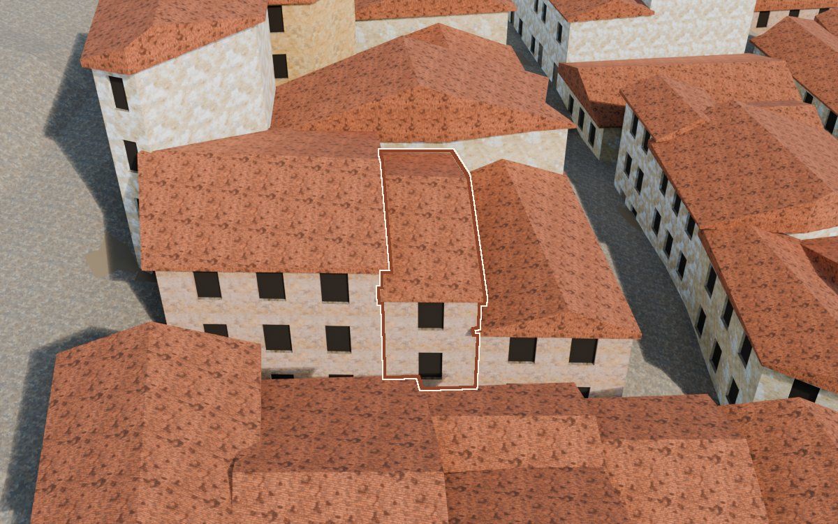Manzana 53, n.º 12 a la reconstrucció 3D, vista des del seu carrer, amb el contorn marcat de color teula entre les cases del voltant